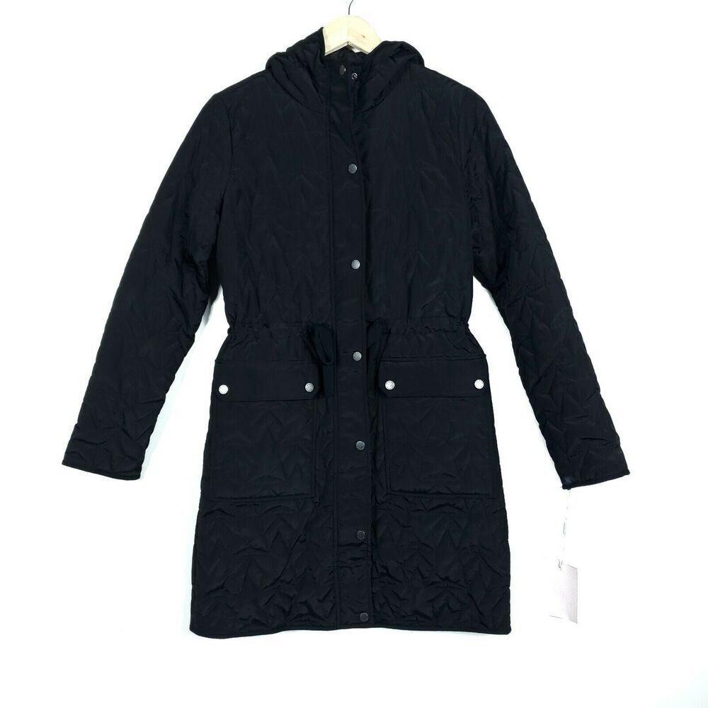 Avec Les Filles Womens Coat Small Black Pockets Star Quilted Hooded Tunic Jacket